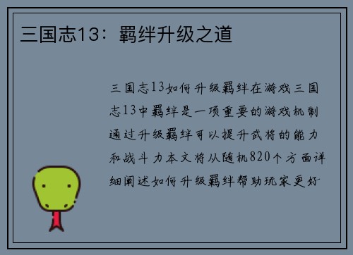 三国志13：羁绊升级之道